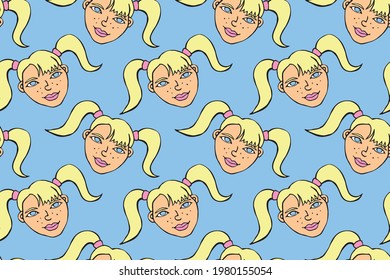 Vector Seamless pattern with cartoon face girl or woman with two ponytails. Hand drawn heads of kids people in doodle style. Childish, girlish fun cute texture backdrop