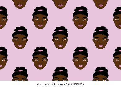 Vector Seamless pattern with cartoon face girl or woman. Hand drawn heads of kids people in doodle style. Childish, girlish fun cute texture backdrop