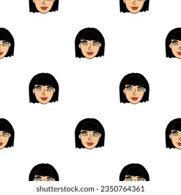 Vector Seamless pattern with cartoon face girl or woman. Hand drawn heads of kids people in doodle style. Childish, girlish fun cute texture backdrop