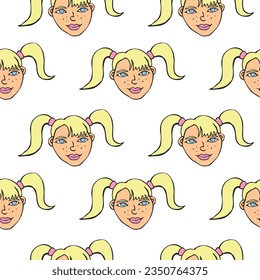 Vector Seamless pattern with cartoon face girl or woman with two ponytails. Hand drawn heads of kids people in doodle style. Childish, girlish fun cute texture backdrop