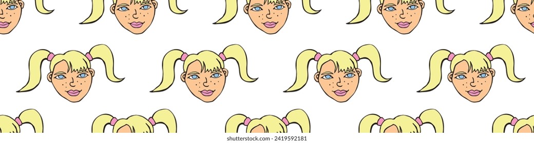 Vector Seamless pattern with cartoon face girl or woman with two ponytails. Hand drawn heads of kids people in doodle style. Childish, girlish fun cute texture backdrop