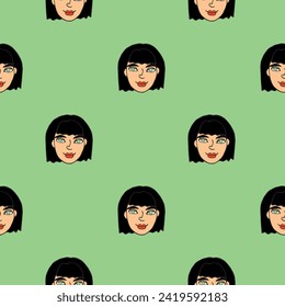 Vector Seamless pattern with cartoon face girl or woman. Hand drawn heads of kids people in doodle style. Childish, girlish fun cute texture backdrop