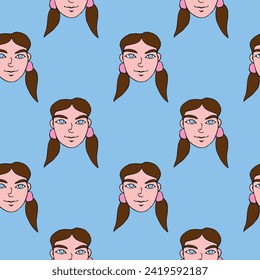 Vector seamless pattern with cartoon face girl or woman with two ponytails. Childish, girlish fun cute texture backdrop