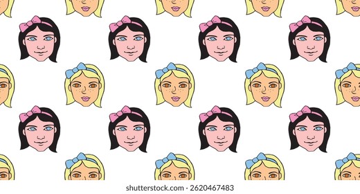 Vector Seamless pattern with cartoon face girls or women with bow. Hand drawn heads of kids people in doodle style. Childish, girlish fun cute texture backdrop.