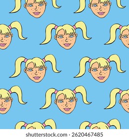 Vector Seamless pattern with cartoon face girl or woman with two ponytails. Hand drawn heads of kids people in doodle style. Childish, girlish fun cute texture backdrop.