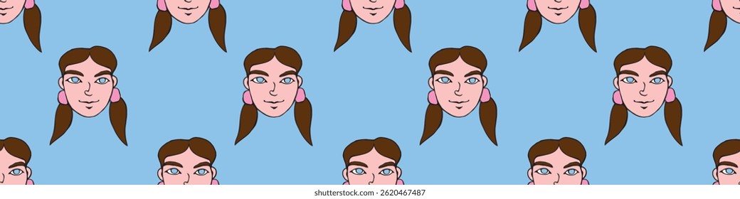 Vector seamless pattern with cartoon face girl or woman with two ponytails. Childish, girlish fun cute texture backdrop.
