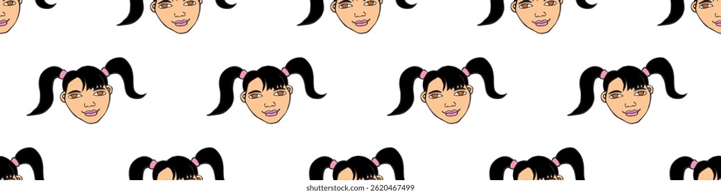 Vector seamless pattern with cartoon face girl or woman with two ponytails. Childish, girlish fun cute texture backdrop.