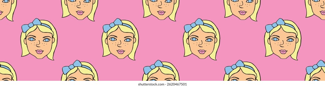 Vector Seamless pattern with cartoon face girl or woman with bow. Hand drawn heads of kids people in doodle style. Childish, girlish fun cute texture backdrop.