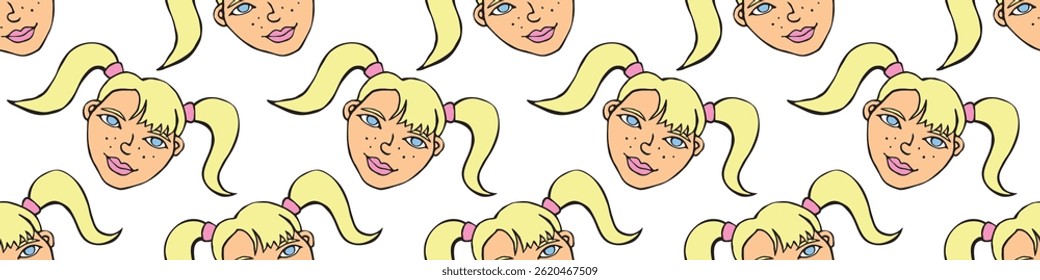 Vector Seamless pattern with cartoon face girl or woman with two ponytails. Hand drawn heads of kids people in doodle style. Childish, girlish fun cute texture backdrop.