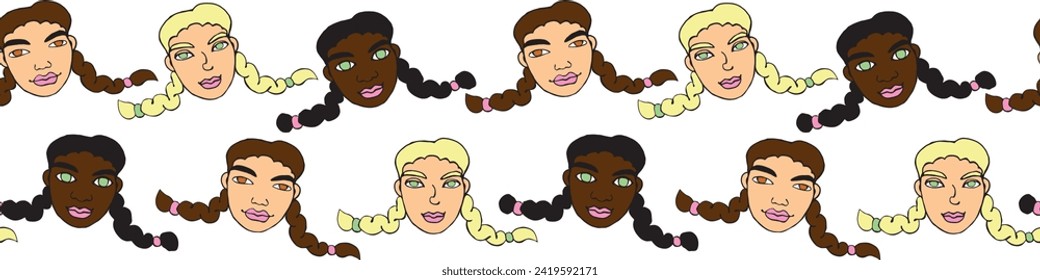 Vector seamless pattern with cartoon faces of girls, women with two pigtails. Cute texture background. Different and beautiful. Symbol of friendship and equality