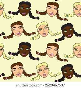 Vector seamless pattern with cartoon faces of girls, women with two pigtails. Hand drawn children heads in doodle. Cute texture background. Different and beautiful. Symbol of friendship and equality