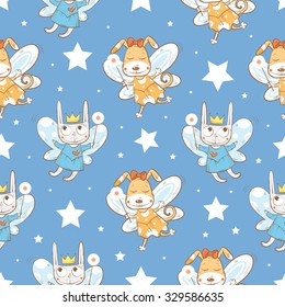 Vector seamless pattern with cartoon fairies  dogs and rabbit  on a blue background.