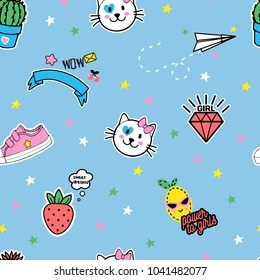 Vector seamless pattern with cartoon fashion cute patches for girl in kawaii anime style, trendy badges for clothes design in 80s-90s comic style. Stickers, emoji, speech bubble, power to girls