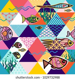 Vector seamless pattern with cartoon fish of doodles trendy style. Cute fish on geometric background. Pattern for fabric, background, textile, wrapping paper and other decoration.Vector illustration