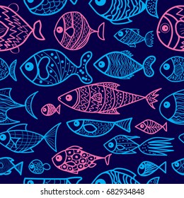 Vector seamless pattern with cartoon fish. Cute fish for fabric, baby clothes, background, textile, wrapping paper and other decoration. Doodles trendy style.