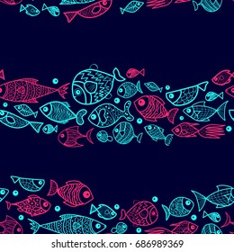 Vector seamless pattern with cartoon fish. Cute fish for fabric, baby clothes, background, textile, wrapping paper and other decoration. Doodles trendy style.