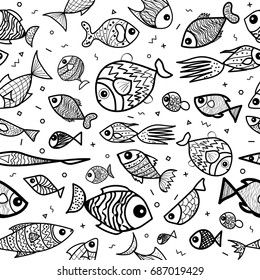 Vector seamless pattern with cartoon fish. Cute fish for fabric, baby clothes, background, textile, wrapping paper and other decoration. Doodles trendy style.