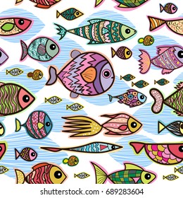 Vector seamless pattern with cartoon fish. Cute fish for fabric, baby clothes, background, textile, wrapping paper and other decoration. Doodles trendy style.
