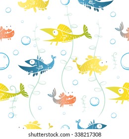 Vector seamless pattern with cartoon fishes. Underwater life.