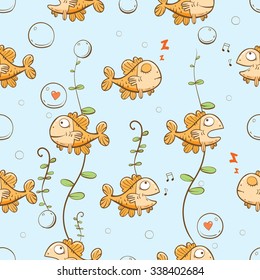Vector seamless pattern with cartoon fishes. Underwater life.