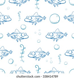 Vector seamless pattern with cartoon fishes. Underwater life.