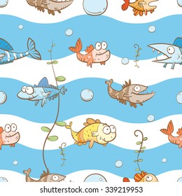 Vector seamless pattern with cartoon fishes. Underwater life.
