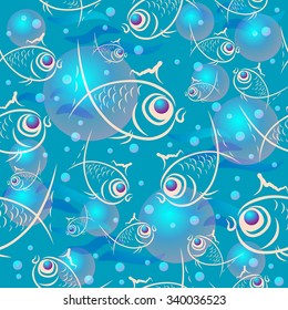 Vector seamless pattern with cartoon fishes. For your design, textile, packing.