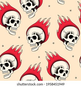 Vector seamless pattern with cartoon flaming skull