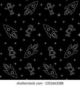 Vector seamless pattern of cartoon flat line drawn rocket cosmonaut and stars isolated on black background