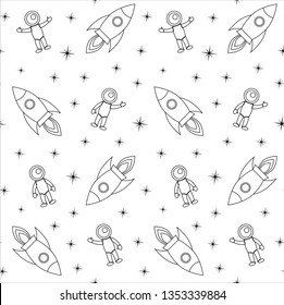 Vector seamless pattern of cartoon flat black line drawn rocket cosmonaut and stars isolated on white background