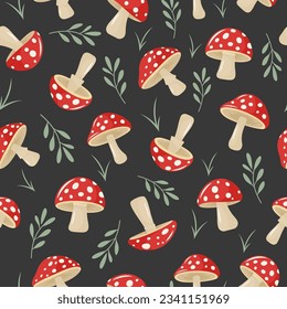 Vector Seamless Pattern with Cartoon Flat Mushrooms on Black Background. Amanita Muscaria, Fly Agaric Illustration, Mushrooms. Magic Mushroom Print for Textile, Wallpaper