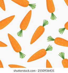 Vector Seamless Pattern with Cartoon Flat Carrots on White Background. Fresh Orange Carrot Print for Healthy Eating, Organic Food, Kids Nutrition, Playful Design Template