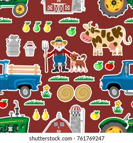 Vector Seamless Pattern With Cartoon Flat Funny Farm Elements. Barn, Old Tractor, Pickup Truck, Fruit, Cow With Milk, Dog And Farmer.