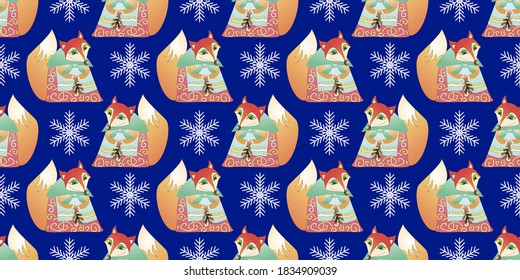 Vector seamless pattern with cartoon fox and snowflakes. Animal print. Christmas background.