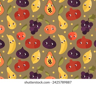 Vector seamless pattern Cartoon fruit character set. Funny emoticon in flat style. Vector illustration.