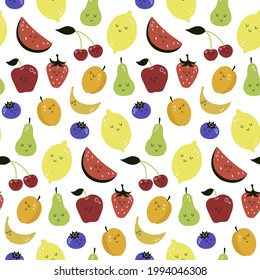 vector seamless pattern with cartoon fruits. apricot, cherry, watermelon, pear, berries, strawberry, apple, lemon, banana. food background. print for clothes, textiles, notebooks, packaging paper.