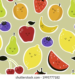 vector seamless pattern with cartoon fruits. apricot, cherry, watermelon, pear, berries, strawberry, apple, lemon, banana. food background. print for clothes, textiles, notebooks, packaging paper.