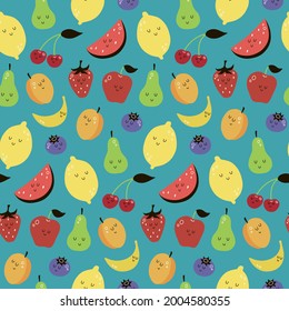 vector seamless pattern with cartoon fruits. apricot, cherry, watermelon, pear, berries, apple, lemon, banana