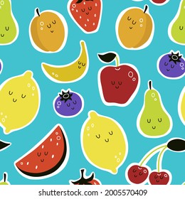 vector seamless pattern with cartoon fruits. apricot, cherry, watermelon, pear, berries, strawberry, apple, lemon, banana. food background. print for clothes, textiles, notebooks, packaging paper.