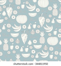 Vector seamless pattern with cartoon fruits on gray color. Pattern on the theme of proper nutrition, food. Background for use in design, packing, textile, fabric