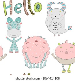 Vector Seamless pattern with cartoon funny monsters.