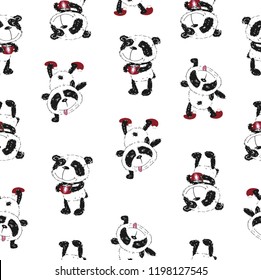 Vector seamless pattern with cartoon funny pandas, isolated on white background.