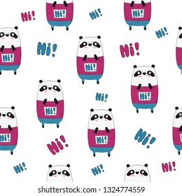 Vector seamless pattern with cartoon funny panda. Perfect for baby shower, postcard, label, brochure, flyer, page, banner design, shirt print.