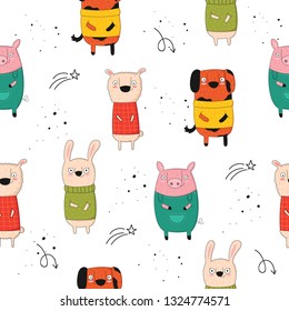 Vector seamless pattern with cartoon funny animals. Perfect for baby shower, postcard, label, brochure, flyer, page, banner design, shirt print.