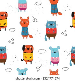 Vector seamless pattern with cartoon funny animals. Perfect for baby shower, postcard, label, brochure, flyer, page, banner design, shirt print.