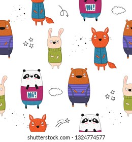 Vector seamless pattern with cartoon funny animals. Perfect for baby shower, postcard, label, brochure, flyer, page, banner design, shirt print.