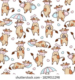 Vector seamless pattern with cartoon funny cute cow, beige with brown spots, on white background