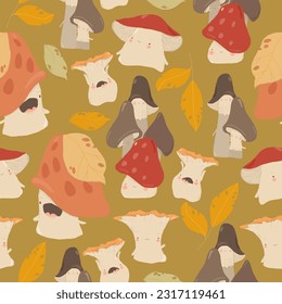 Vector Seamless Pattern with Cartoon Funny Mushrooms on Green Background