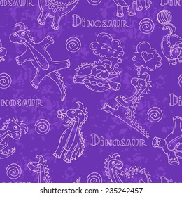 Vector seamless pattern with cartoon and funny dinosaurs on violet background. Background for use in design, web site, packing, textile, fabric