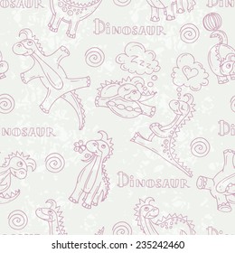 Vector seamless pattern with cartoon and funny dinosaurs on gray background. Background for use in design, web site, packing, textile, fabric